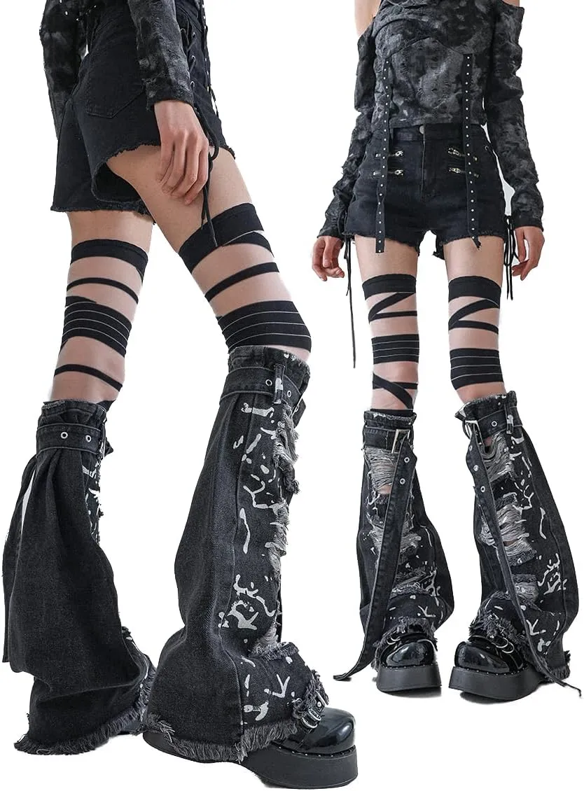 1 Pair Grunge Punk Women Distressed goth Leg Warmers, Vintage Y2K Streetwear Ripped Sexy Skinny Leg Cuffs With Lace-Up