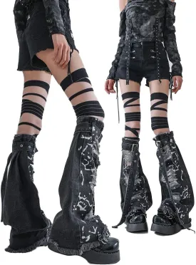 1 Pair Grunge Punk Women Distressed goth Leg Warmers, Vintage Y2K Streetwear Ripped Sexy Skinny Leg Cuffs With Lace-Up