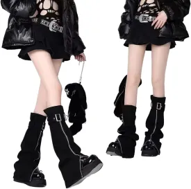 1 Pair New Sexy Zipper Opening Adjustable Gaiters, Black Punk Style Thigh High Leg Warmers, Slimming Leg Warmers