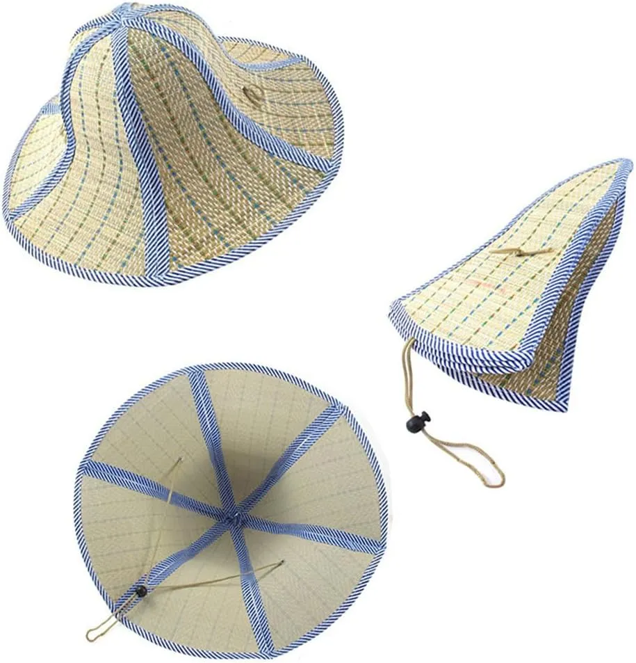 1 Pcs Summer Beach Boater Straw Hat,Chinese Style Foldable Straw Sun Cap Visor Hat for Mens and Women Blue