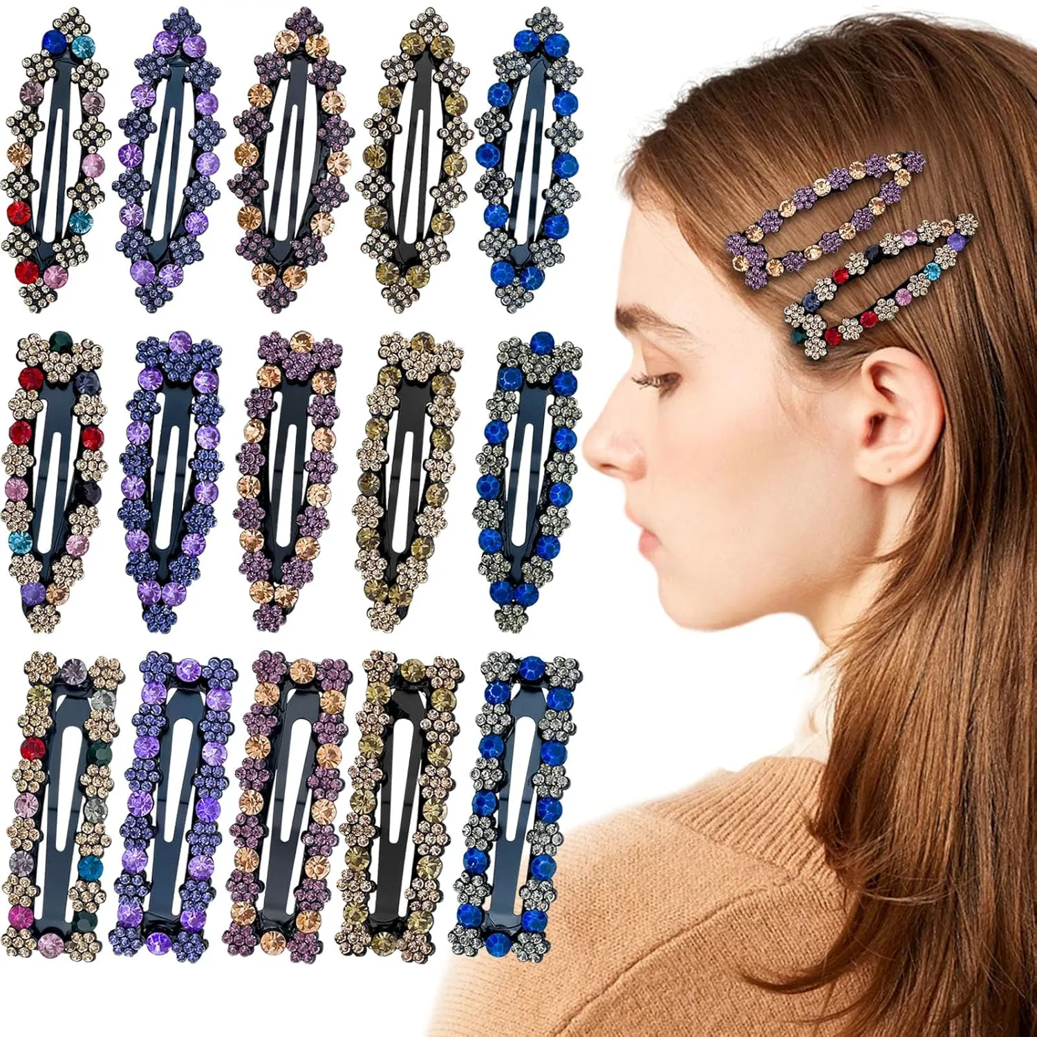 15 Pcs Rhinestone Crystal Hair Clips Fancy Snap Hair Barrettes Sparkly Glitter Diamond Hairpins Decorative Metal Hair Clips Wedding Hair Accessories for Women Girls