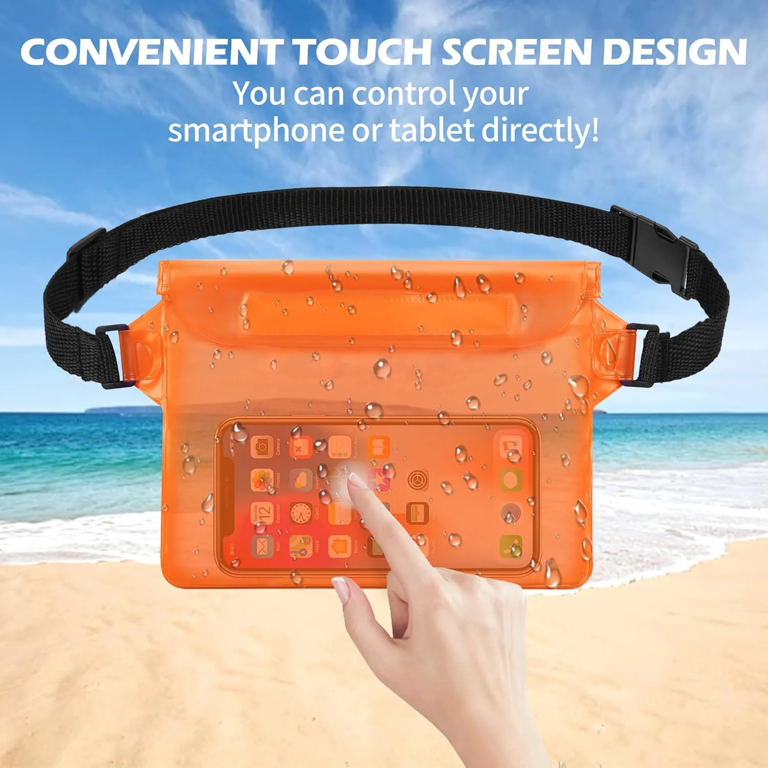 2-Pack Waterproof Pouch with Adjustable Waist Strap, Waterproof Dry Bag, Keeps Cell Phones and Valuables Safe and Dry, Perfect for Kayaking, Beach, Camping and Swimming (Black   Orange)