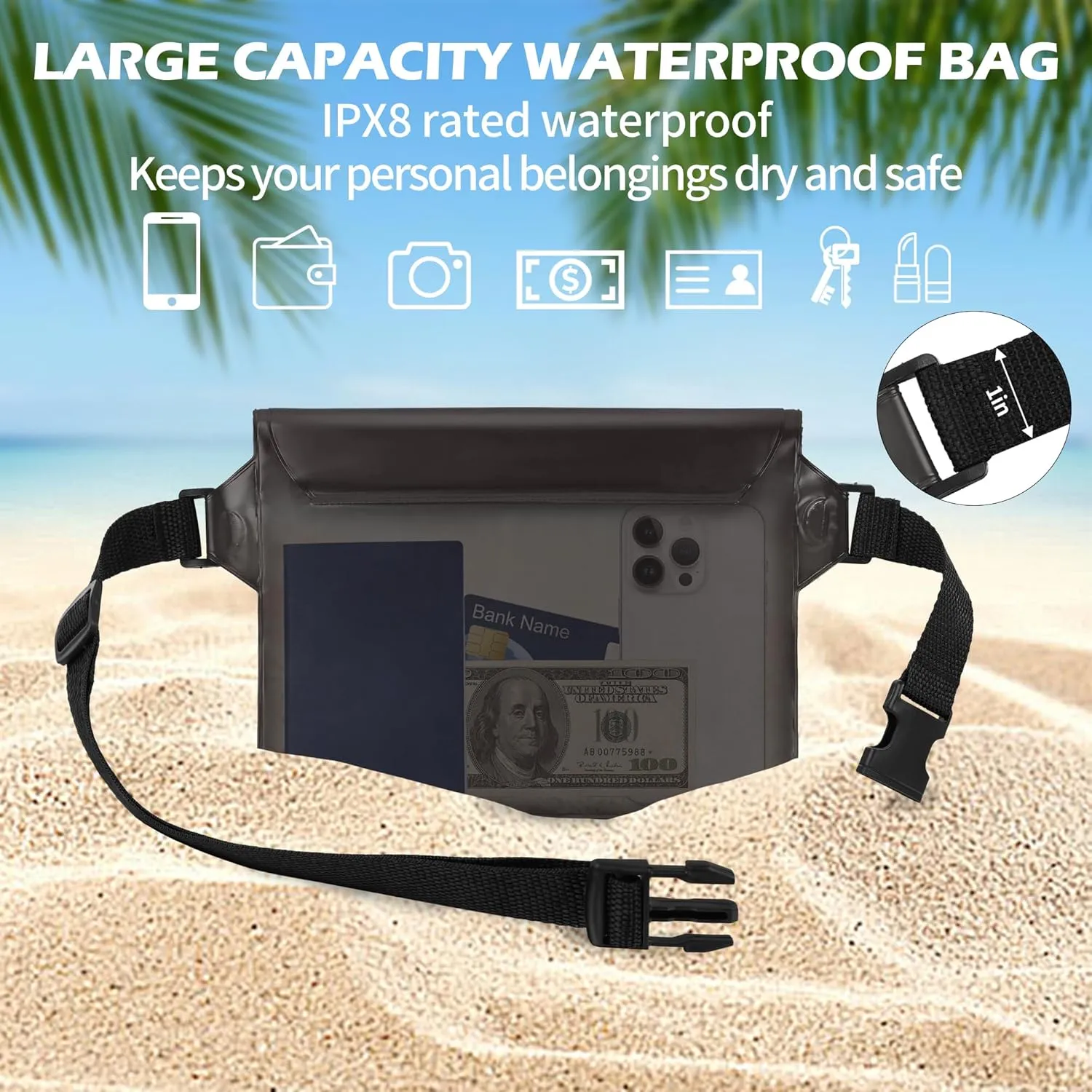 2-Pack Waterproof Pouch with Adjustable Waist Strap, Waterproof Dry Bag, Keeps Cell Phones and Valuables Safe and Dry, Perfect for Kayaking, Beach, Camping and Swimming (Black   White)