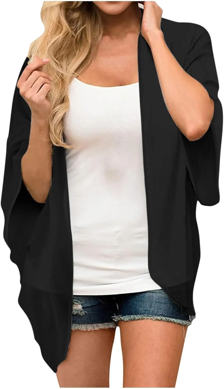 2025 Solid Color Cardigans Women's Puff Sleeve Kimono Cardigan Casual Loose Cover Up Boho Blouse Tops Summer Boho Clothes