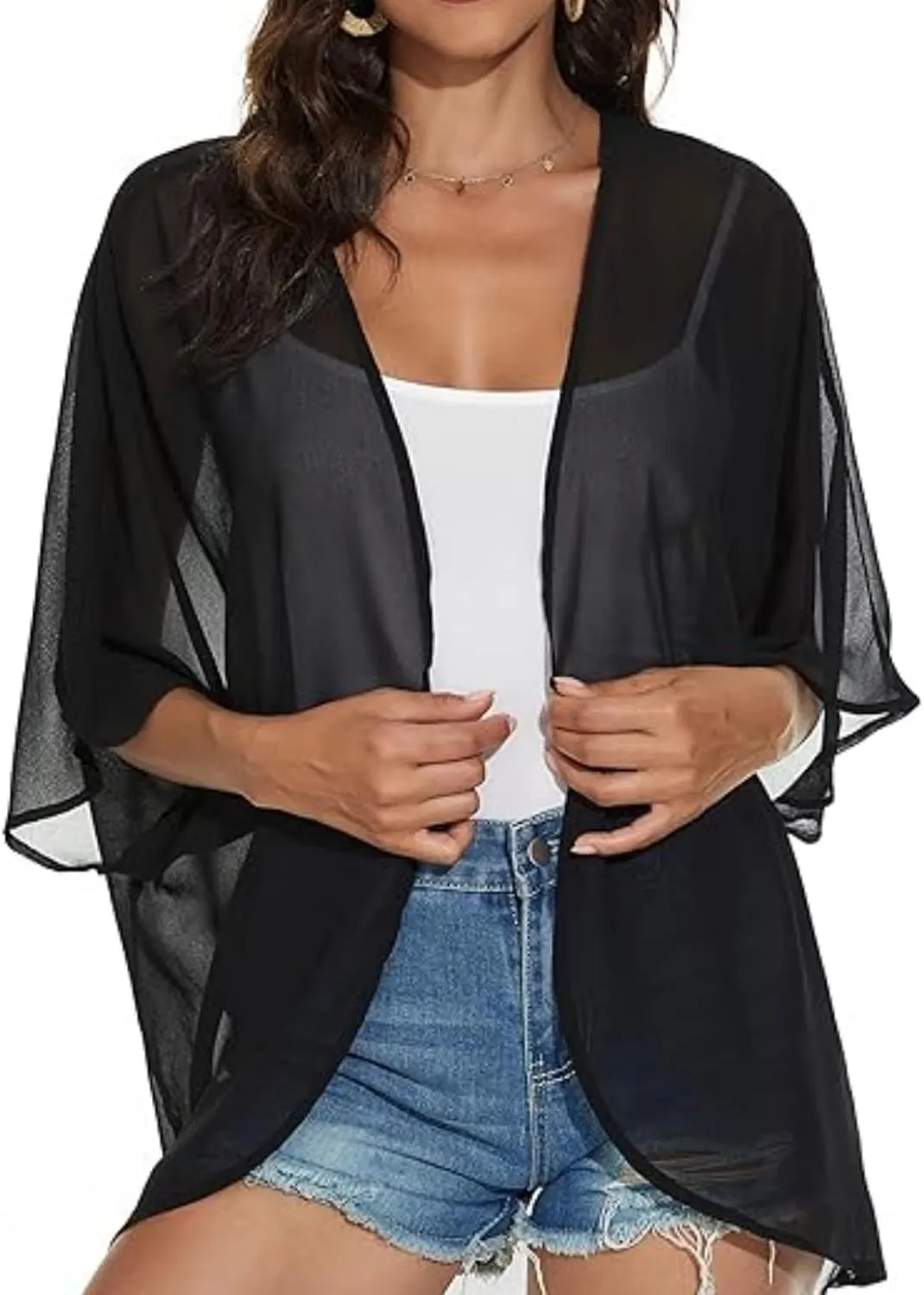 2025 Solid Color Cardigans Women's Puff Sleeve Kimono Cardigan Casual Loose Cover Up Boho Blouse Tops Summer Boho Clothes