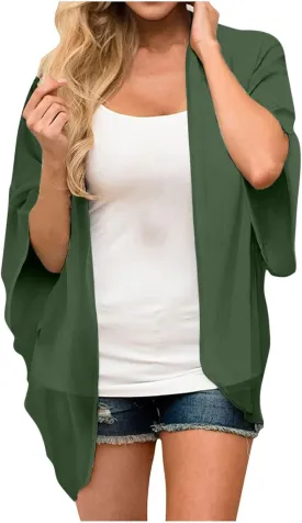 2025 Solid Color Cardigans Women's Puff Sleeve Kimono Cardigan Casual Loose Cover Up Boho Blouse Tops Summer Boho Clothes