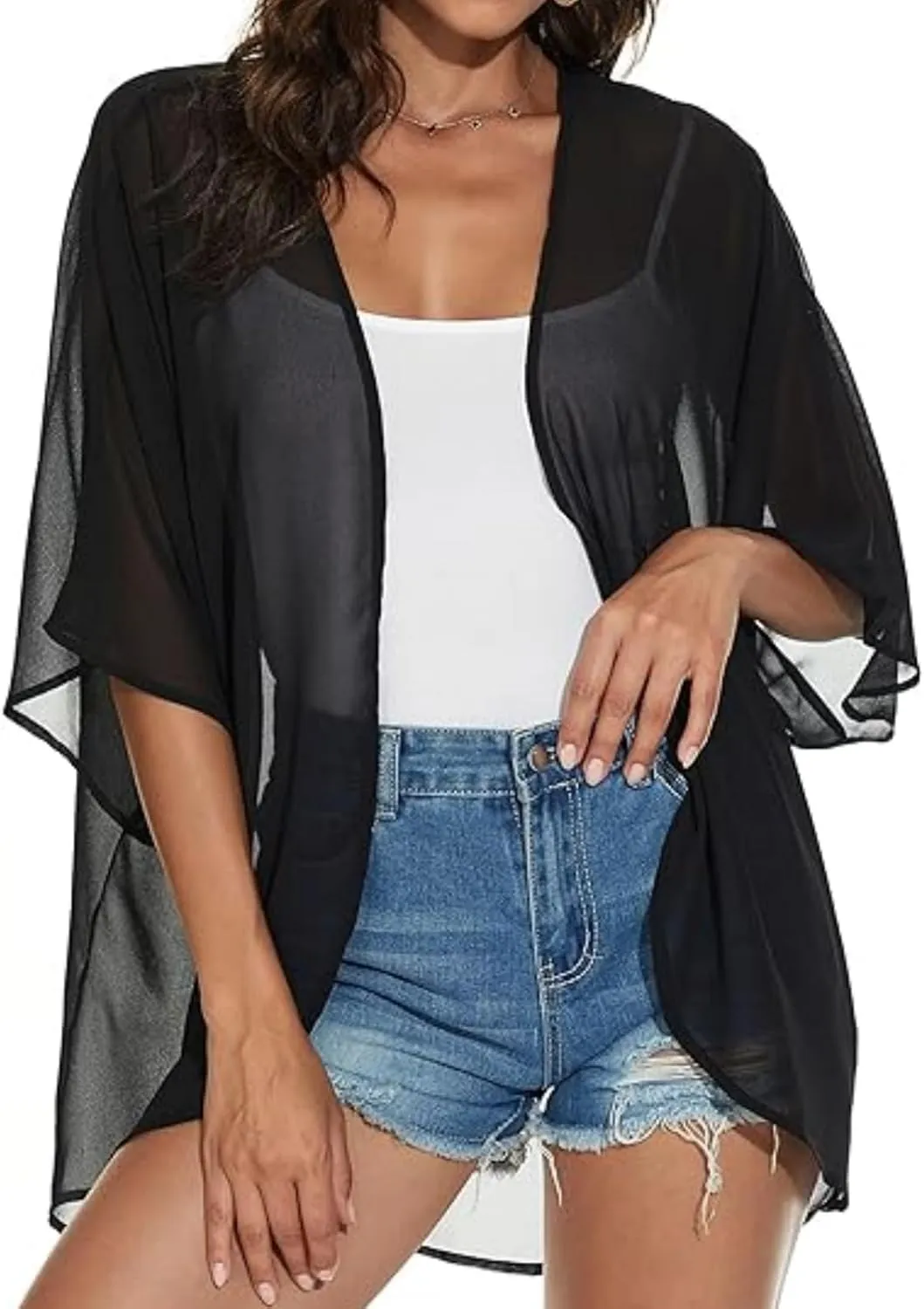 2025 Solid Color Cardigans Women's Puff Sleeve Kimono Cardigan Casual Loose Cover Up Boho Blouse Tops Summer Boho Clothes
