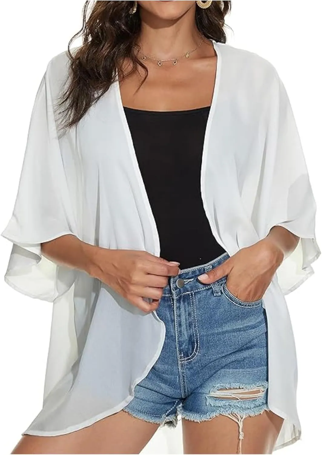 2025 Solid Color Cardigans Women's Puff Sleeve Kimono Cardigan Casual Loose Cover Up Boho Blouse Tops Summer Boho Clothes