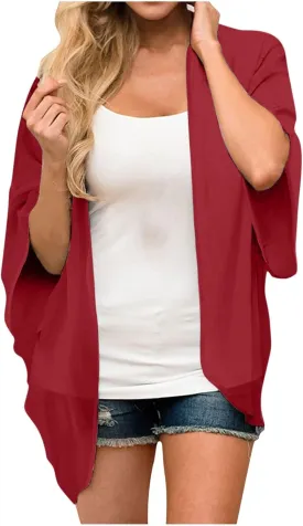 2025 Solid Color Cardigans Women's Puff Sleeve Kimono Cardigan Casual Loose Cover Up Boho Blouse Tops Summer Boho Clothes