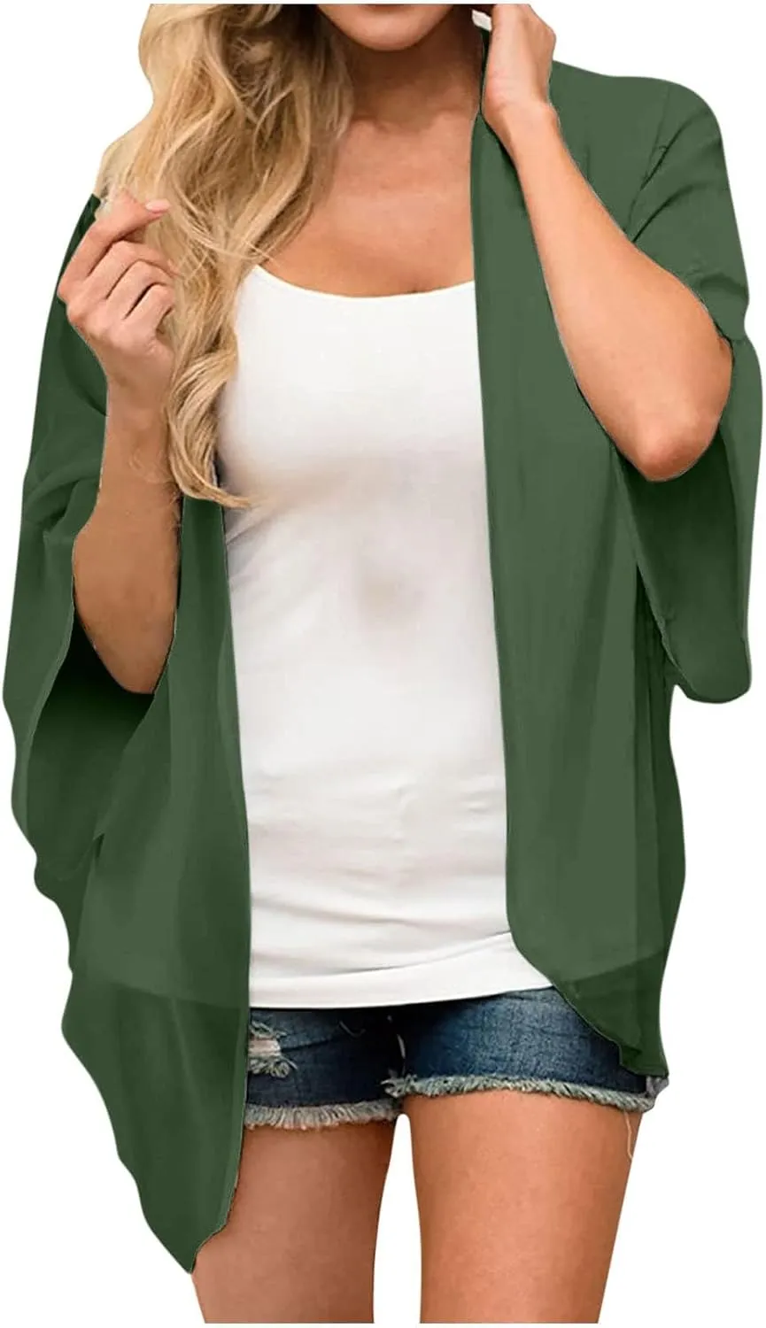 2025 Solid Color Cardigans Women's Puff Sleeve Kimono Cardigan Casual Loose Cover Up Boho Blouse Tops Summer Boho Clothes