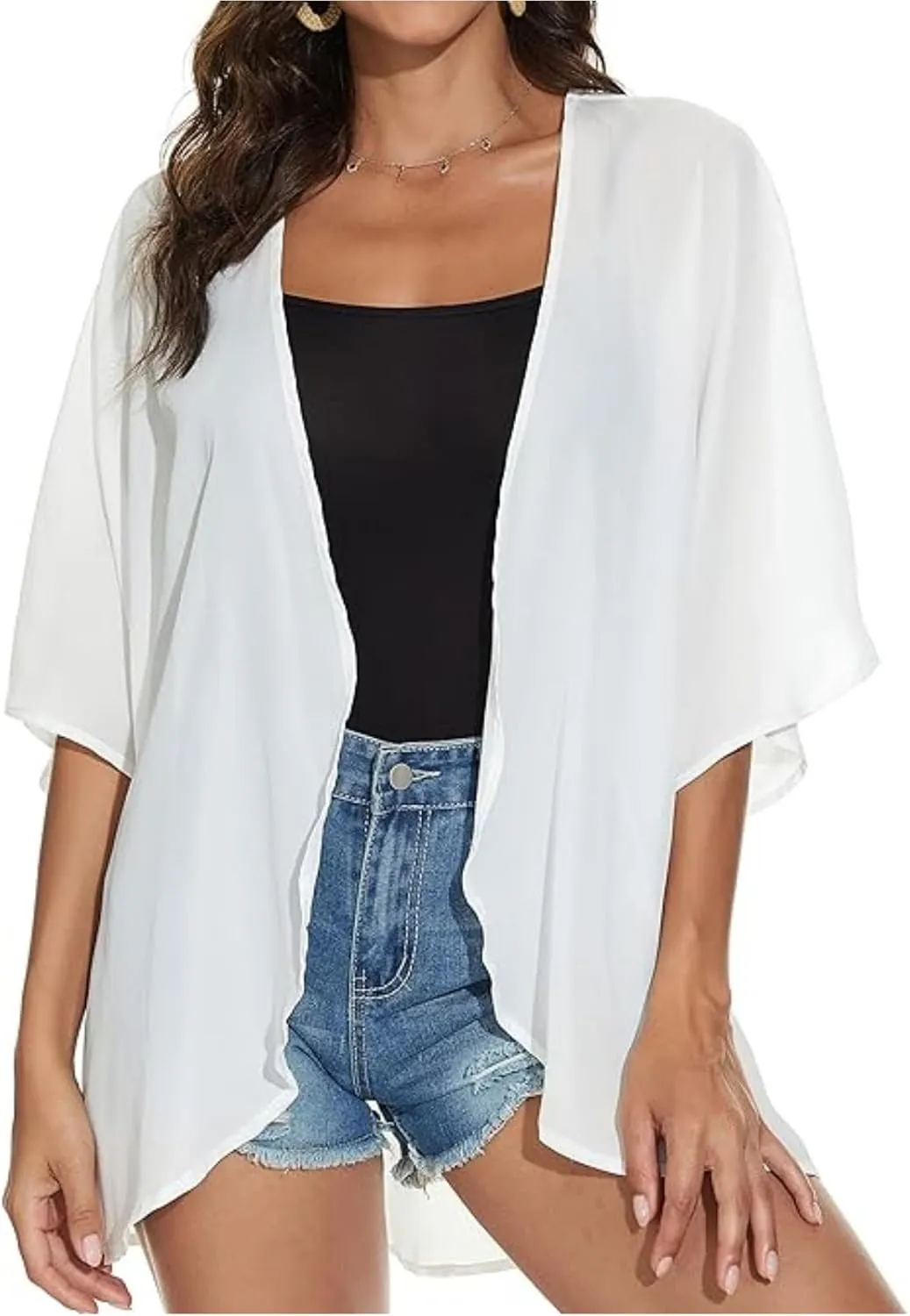 2025 Solid Color Cardigans Women's Puff Sleeve Kimono Cardigan Casual Loose Cover Up Boho Blouse Tops Summer Boho Clothes