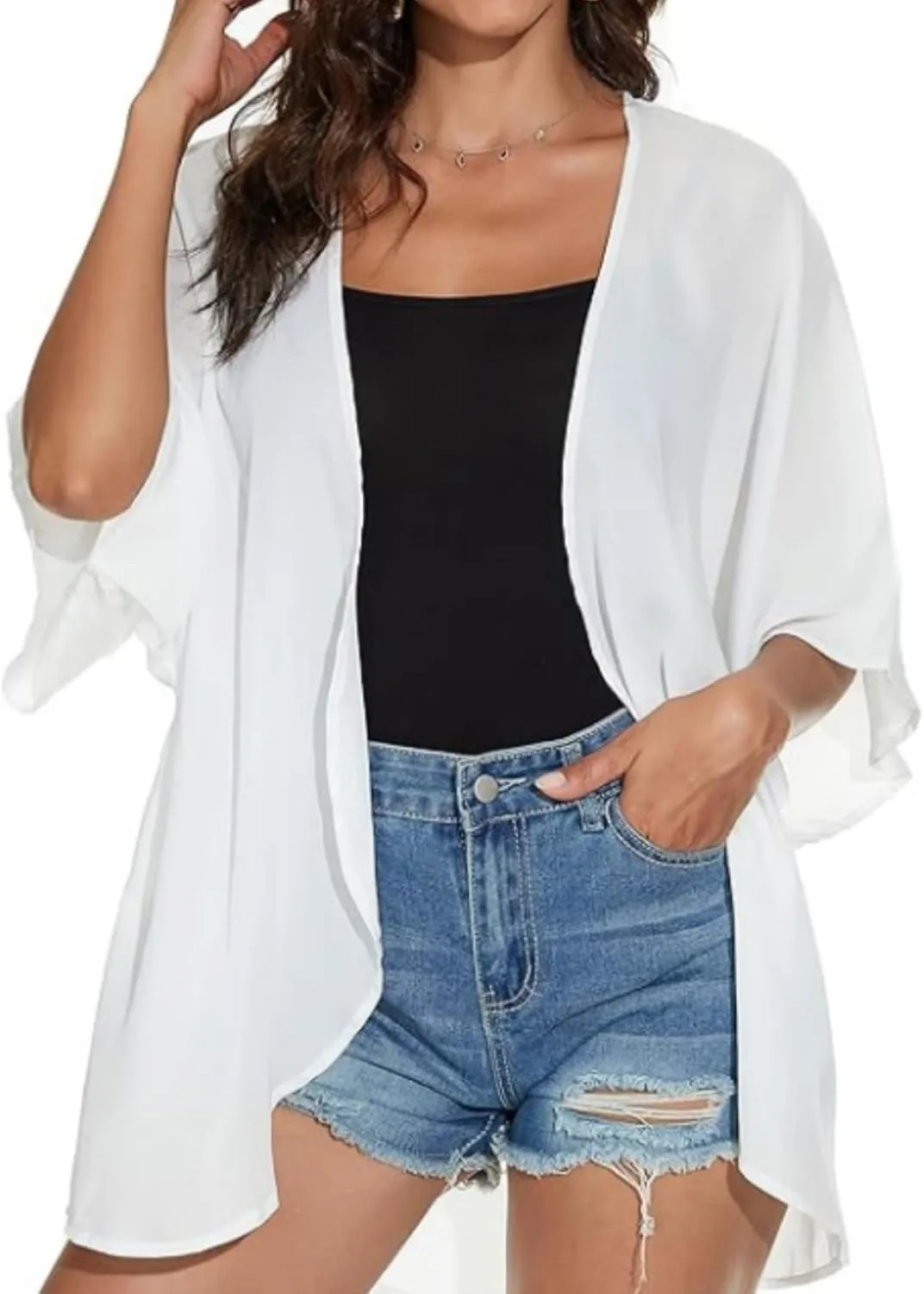 2025 Solid Color Cardigans Women's Puff Sleeve Kimono Cardigan Casual Loose Cover Up Boho Blouse Tops Summer Boho Clothes