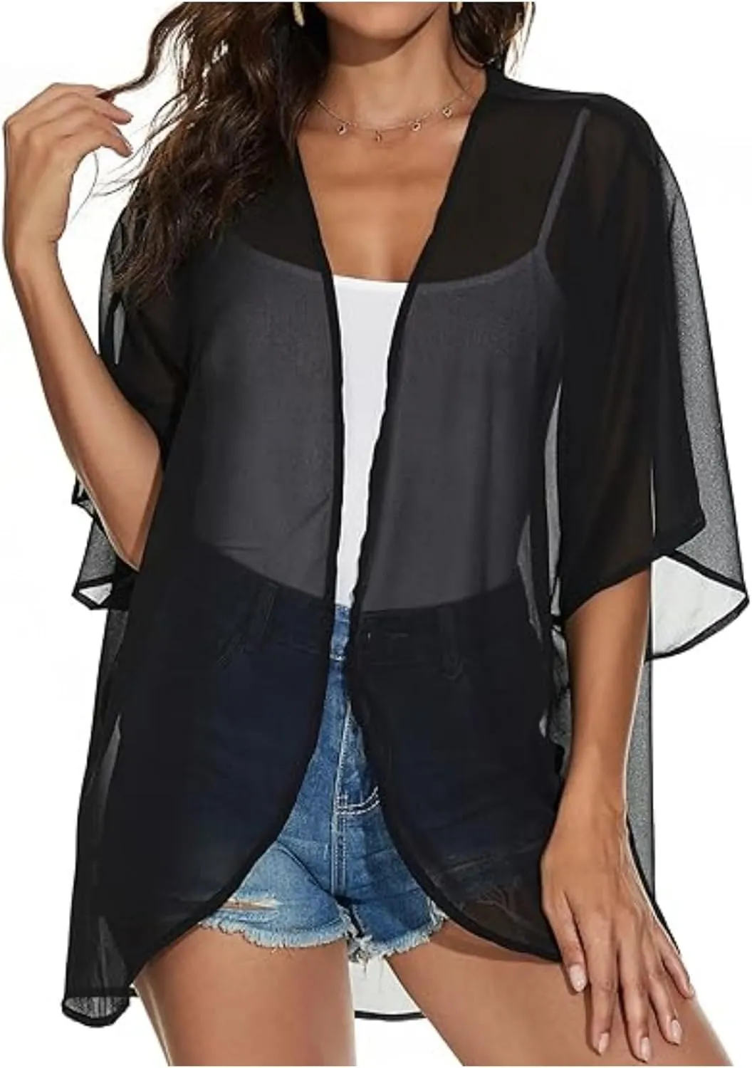 2025 Solid Color Cardigans Women's Puff Sleeve Kimono Cardigan Casual Loose Cover Up Boho Blouse Tops Summer Boho Clothes