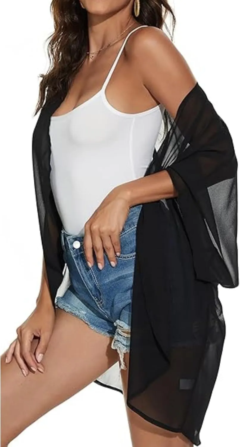 2025 Solid Color Cardigans Women's Puff Sleeve Kimono Cardigan Casual Loose Cover Up Boho Blouse Tops Summer Boho Clothes