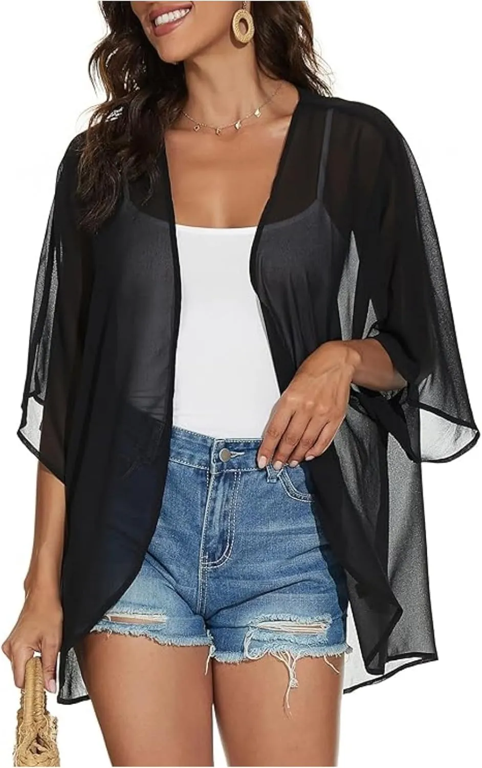 2025 Solid Color Cardigans Women's Puff Sleeve Kimono Cardigan Casual Loose Cover Up Boho Blouse Tops Summer Boho Clothes