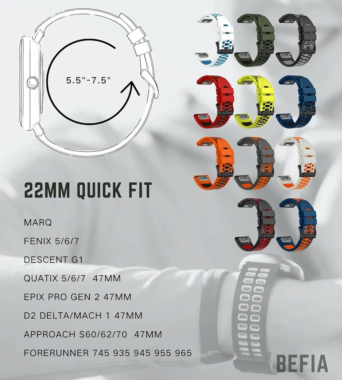 22mm Quickfit Watch Band for Garmin Fenix 5 6 7 Pro Solar Forerunner 935 745 965 955, 22 Breathable Wristband Strap