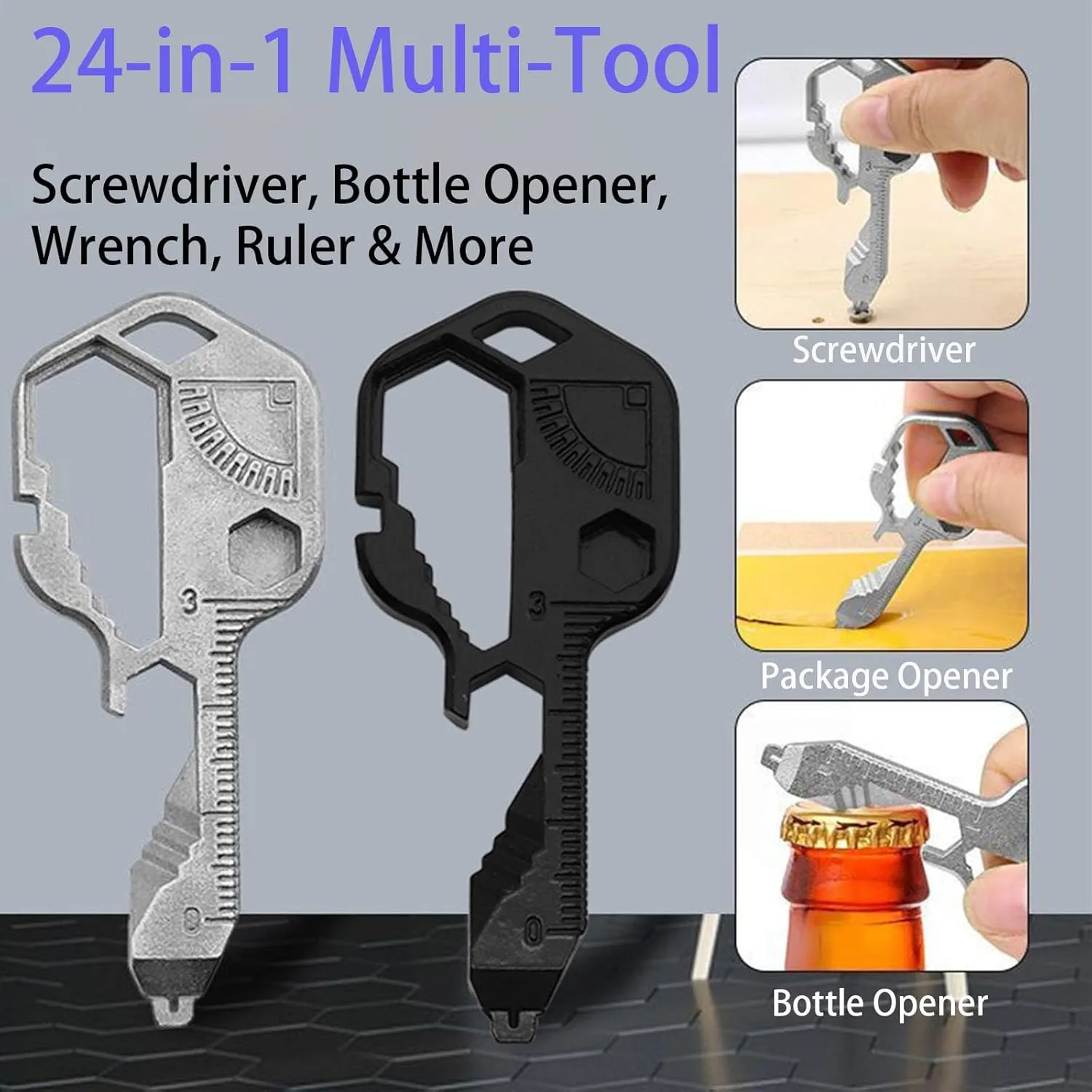 24-in-1 Multi-Tool Key - Portable Stainless Steel Key Tool with Screwdriver, Wrench, Bottle Opener, Keychain Tools for Outdoor, Camping, Hiking & Everyday Carry (Black)