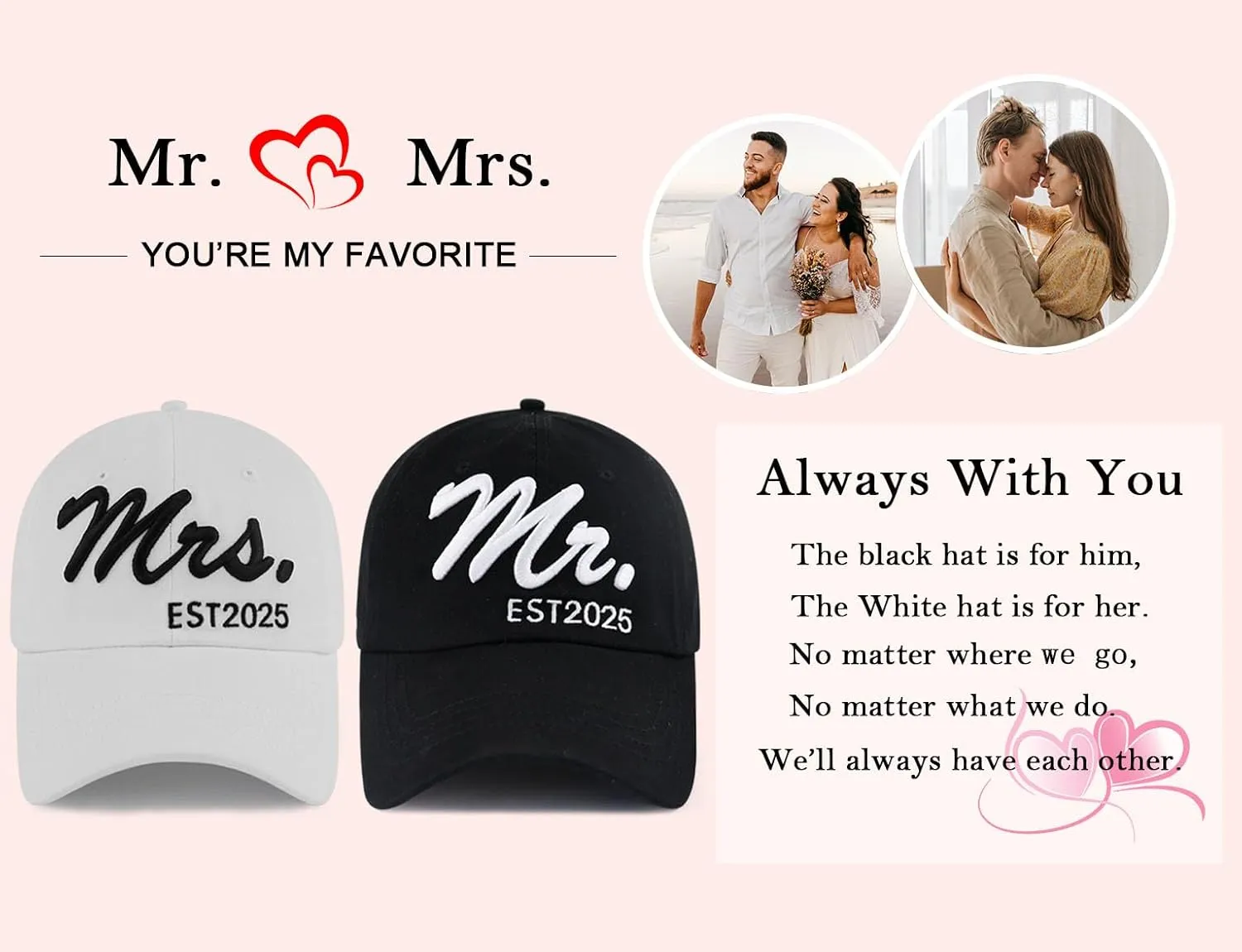 2PCS Mr Mrs Baseball Hats for Men Women, Newlywed Honeymoon Wedding Gifts, Funny Adjustable 3D Embroidered Hat Couples Set