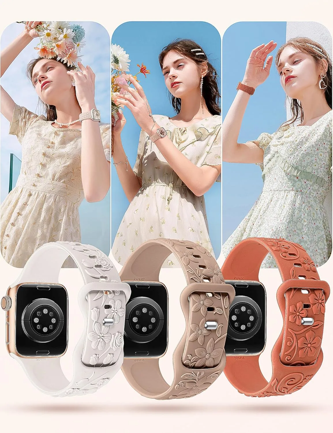 3 Pack 3D Floral Embossed Bands Compatible with Apple Watch Band 38/40/41/42/44/45/46/49mm Women, Engraved Soft Silicone Flower Cute Dressy Straps for iWatch Series 10/9/SE/Ultra/8/7/6/5/4/3/2/1