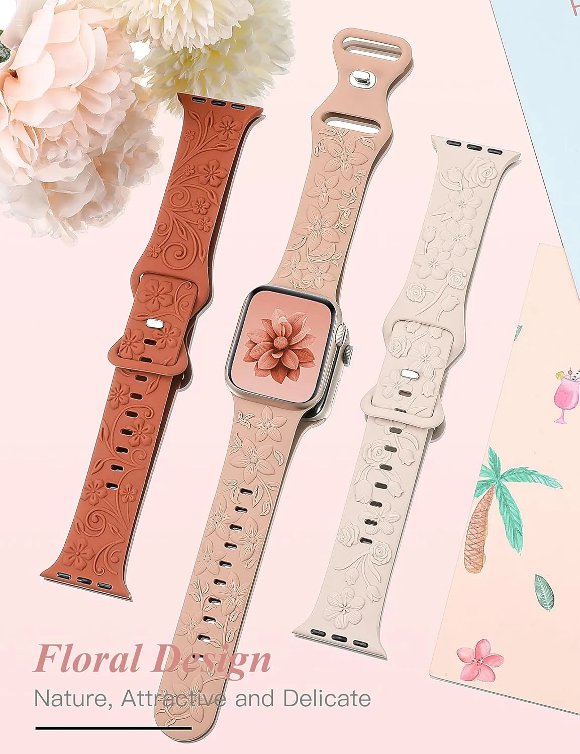 3 Pack 3D Floral Embossed Bands Compatible with Apple Watch Band 38/40/41/42/44/45/46/49mm Women, Engraved Soft Silicone Flower Cute Dressy Straps for iWatch Series 10/9/SE/Ultra/8/7/6/5/4/3/2/1