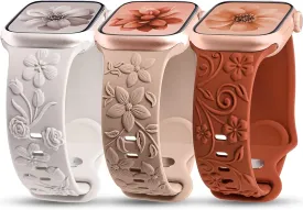 3 Pack 3D Floral Embossed Bands Compatible with Apple Watch Band 38/40/41/42/44/45/46/49mm Women, Engraved Soft Silicone Flower Cute Dressy Straps for iWatch Series 10/9/SE/Ultra/8/7/6/5/4/3/2/1