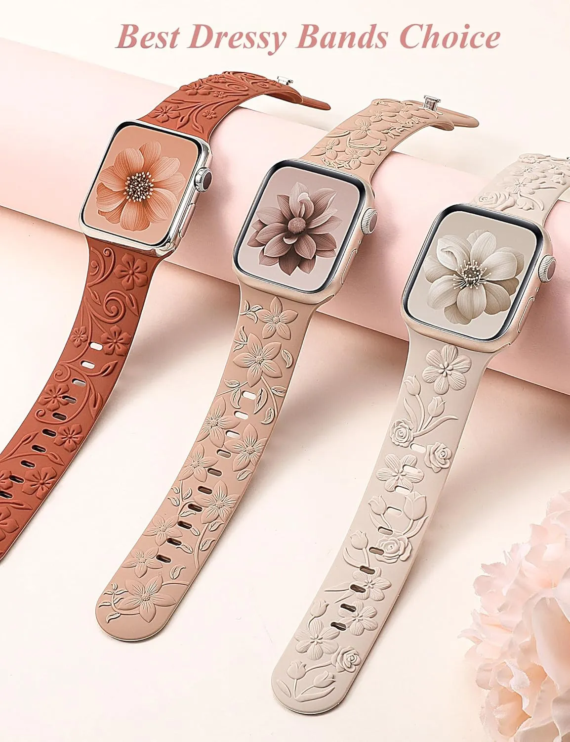 3 Pack 3D Floral Embossed Bands Compatible with Apple Watch Band 38/40/41/42/44/45/46/49mm Women, Engraved Soft Silicone Flower Cute Dressy Straps for iWatch Series 10/9/SE/Ultra/8/7/6/5/4/3/2/1