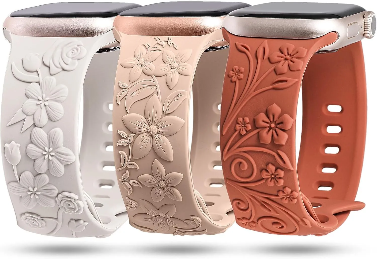 3 Pack 3D Floral Embossed Bands Compatible with Apple Watch Band 38/40/41/42/44/45/46/49mm Women, Engraved Soft Silicone Flower Cute Dressy Straps for iWatch Series 10/9/SE/Ultra/8/7/6/5/4/3/2/1
