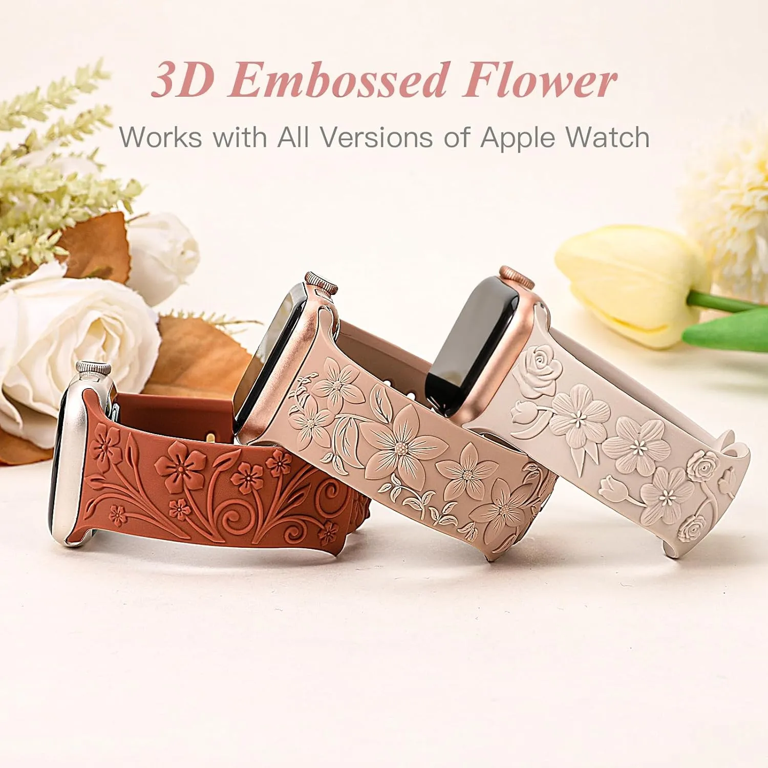 3 Pack 3D Floral Embossed Bands Compatible with Apple Watch Band 38/40/41/42/44/45/46/49mm Women, Engraved Soft Silicone Flower Cute Dressy Straps for iWatch Series 10/9/SE/Ultra/8/7/6/5/4/3/2/1