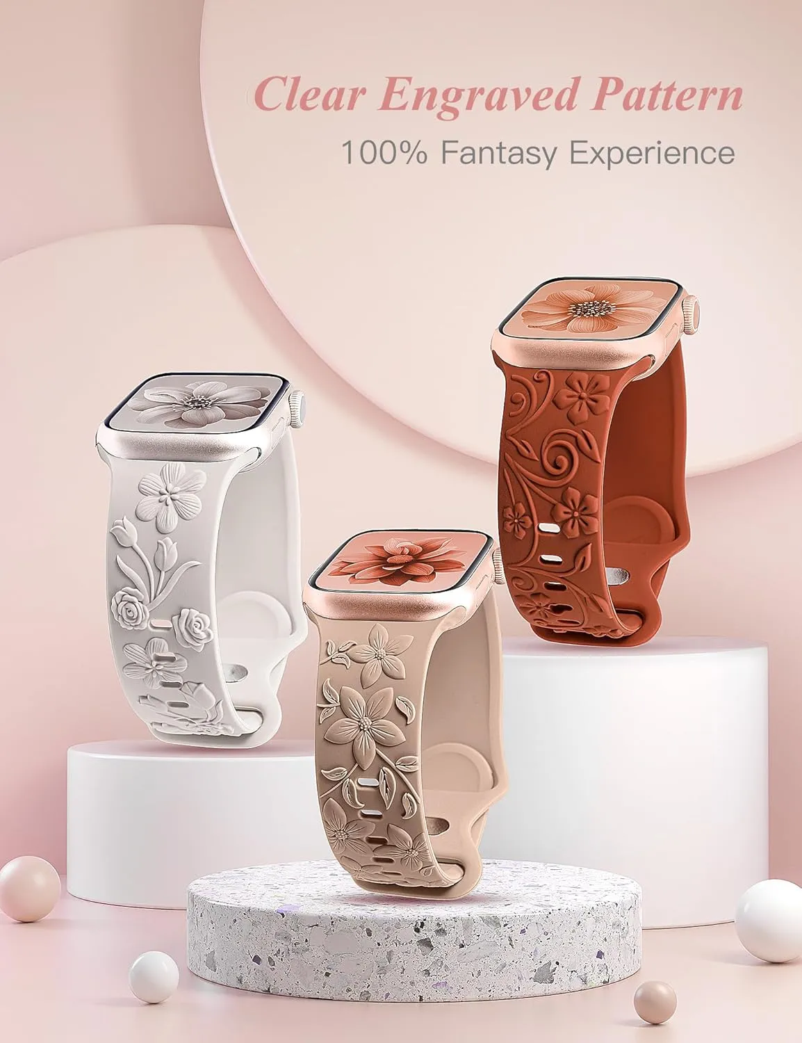 3 Pack 3D Floral Embossed Bands Compatible with Apple Watch Band 38/40/41/42/44/45/46/49mm Women, Engraved Soft Silicone Flower Cute Dressy Straps for iWatch Series 10/9/SE/Ultra/8/7/6/5/4/3/2/1