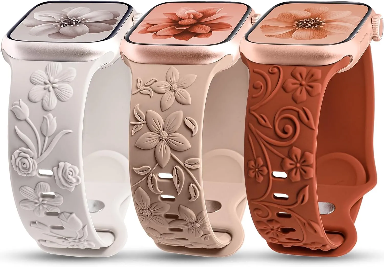 3 Pack 3D Floral Embossed Bands Compatible with Apple Watch Band 38/40/41/42/44/45/46/49mm Women, Engraved Soft Silicone Flower Cute Dressy Straps for iWatch Series 10/9/SE/Ultra/8/7/6/5/4/3/2/1