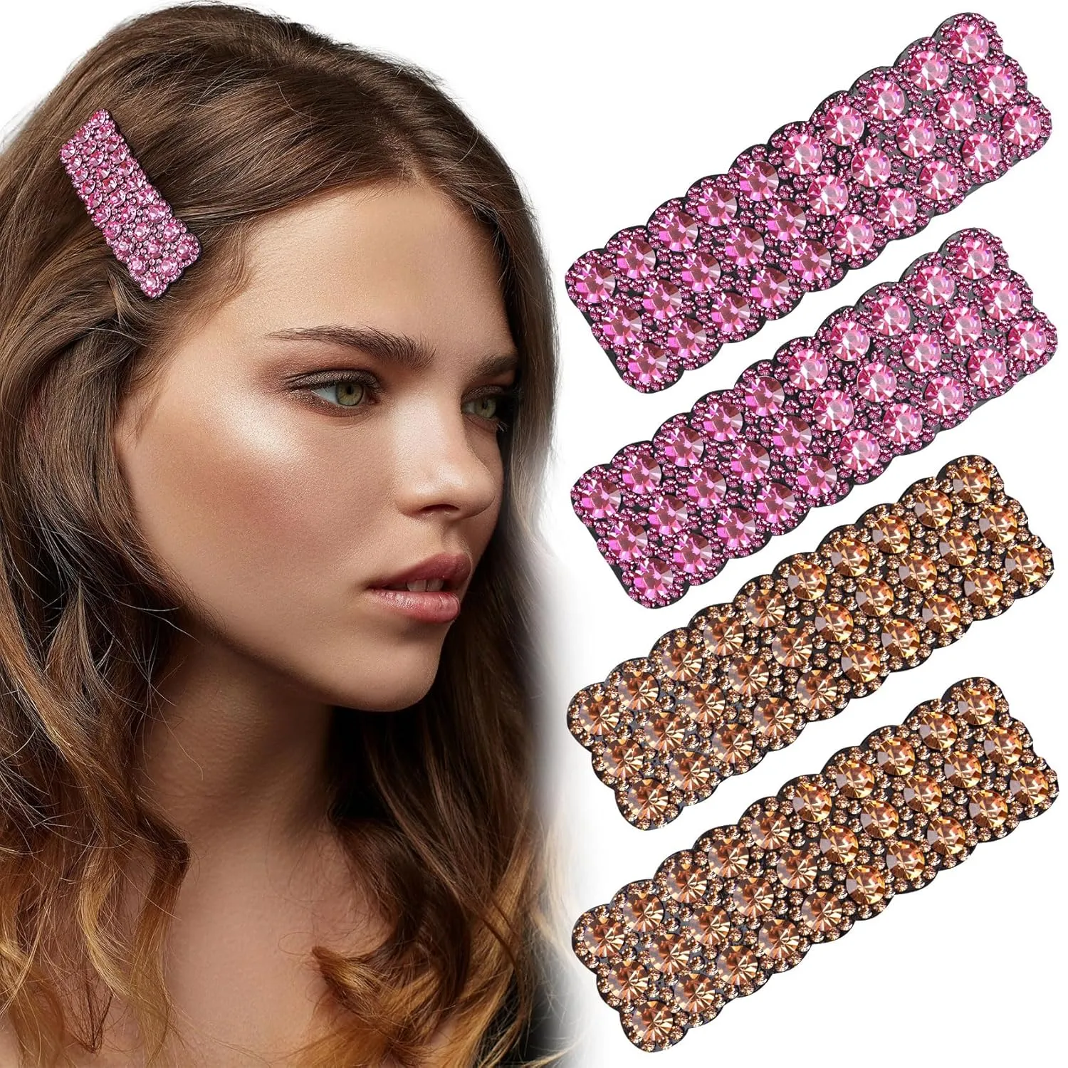 4Pcs Rhinestone Snap Hair Clips Shining Crystal Clips Rectangular Hairpins Korean Barrettes Hair Accessories for Party Wedding Daily Girls Hair Decorative Pink Champagne