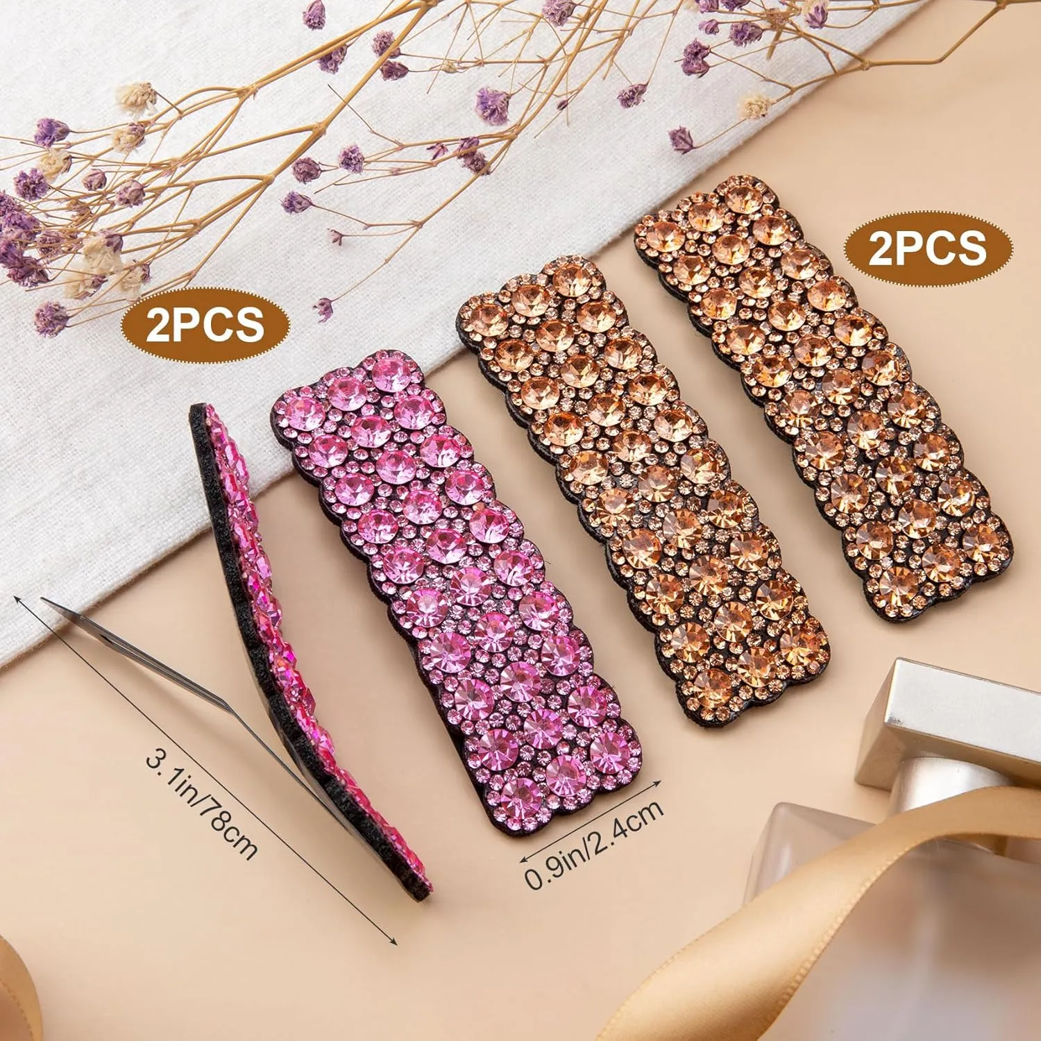 4Pcs Rhinestone Snap Hair Clips Shining Crystal Clips Rectangular Hairpins Korean Barrettes Hair Accessories for Party Wedding Daily Girls Hair Decorative Pink Champagne