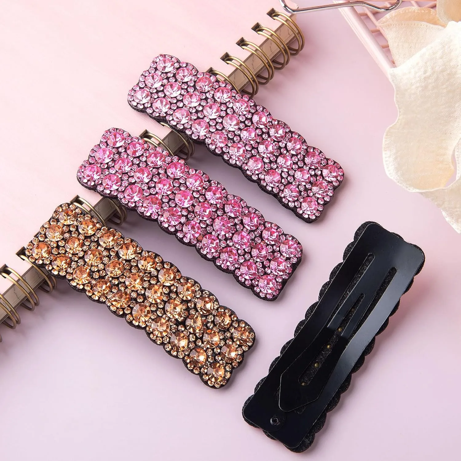 4Pcs Rhinestone Snap Hair Clips Shining Crystal Clips Rectangular Hairpins Korean Barrettes Hair Accessories for Party Wedding Daily Girls Hair Decorative Pink Champagne