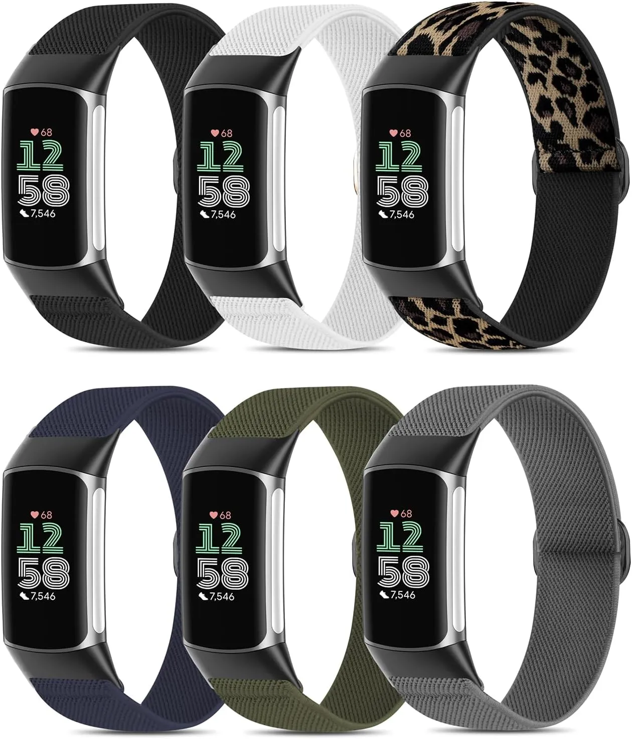 6 Pack Stretchy Loop Nylon Compatible with Fitbit Charge 6 Bands/Fitbit Charge 5 Bands for Women Men, Soft Adjustable Breathable Elastic Wristband Sport Strap for Charge 5/6 Watch