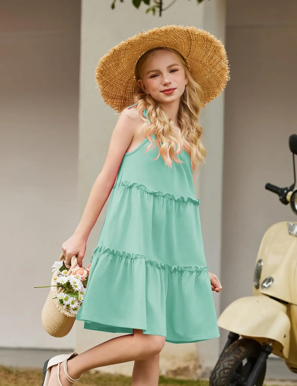 Arshiner Girl Summer Dresses Tween Boho Spaghetti Strap A-Line Swing Flowy Ruffle Tiered Sundress with Pockets