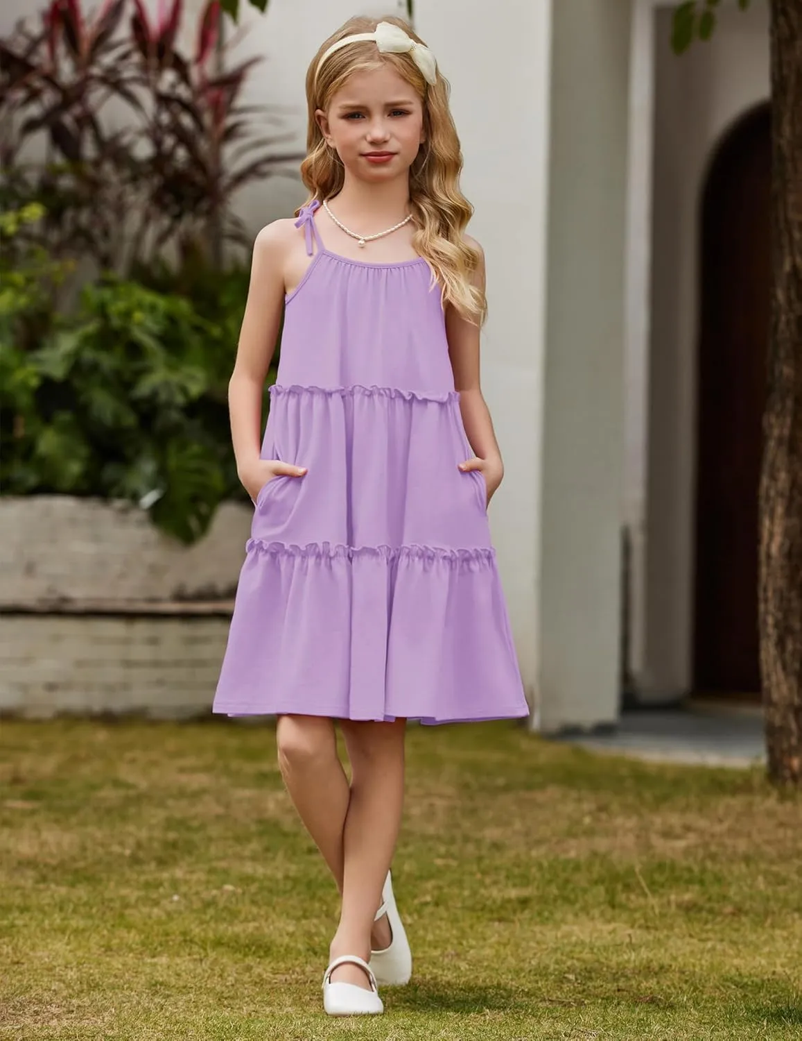 Arshiner Girl Summer Dresses Tween Boho Spaghetti Strap A-Line Swing Flowy Ruffle Tiered Sundress with Pockets