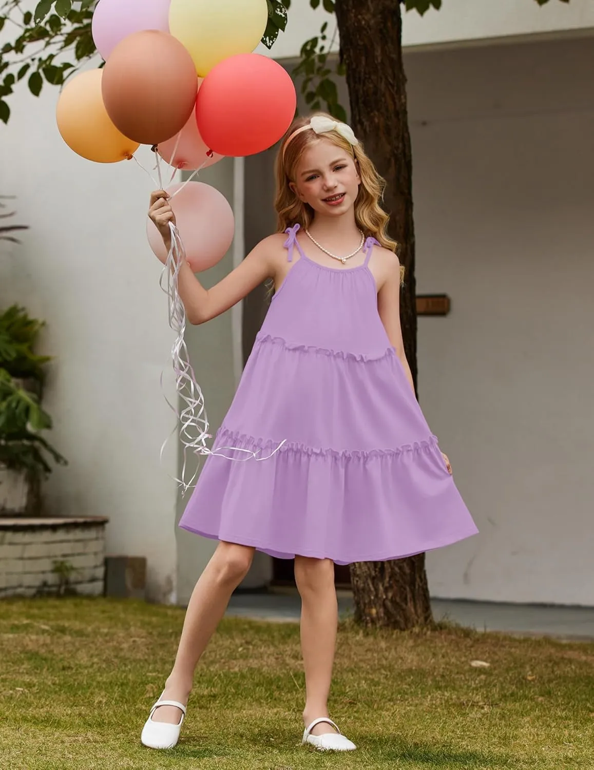 Arshiner Girl Summer Dresses Tween Boho Spaghetti Strap A-Line Swing Flowy Ruffle Tiered Sundress with Pockets