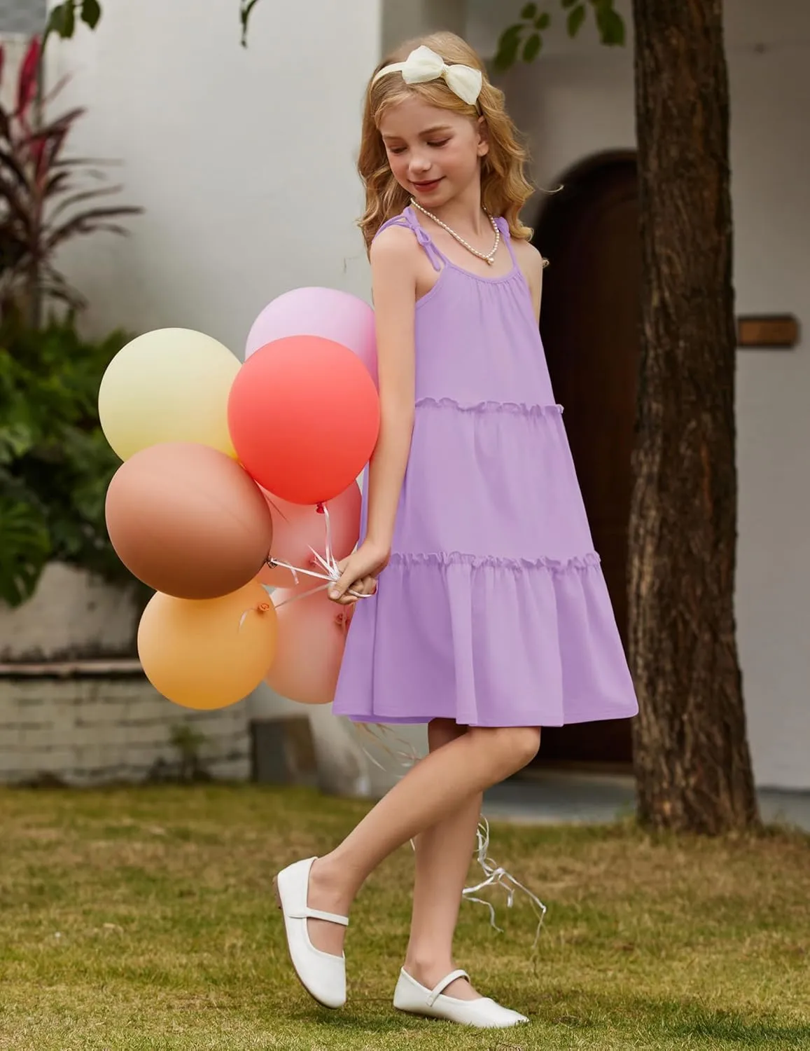 Arshiner Girl Summer Dresses Tween Boho Spaghetti Strap A-Line Swing Flowy Ruffle Tiered Sundress with Pockets