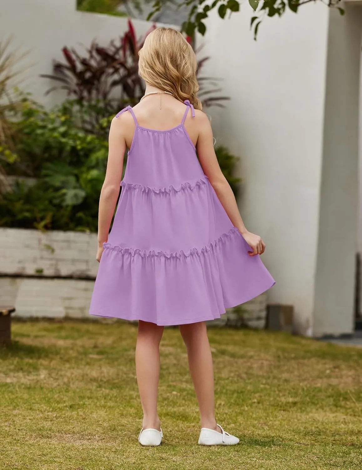 Arshiner Girl Summer Dresses Tween Boho Spaghetti Strap A-Line Swing Flowy Ruffle Tiered Sundress with Pockets