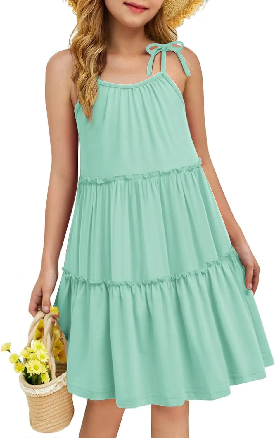 Arshiner Girl Summer Dresses Tween Boho Spaghetti Strap A-Line Swing Flowy Ruffle Tiered Sundress with Pockets