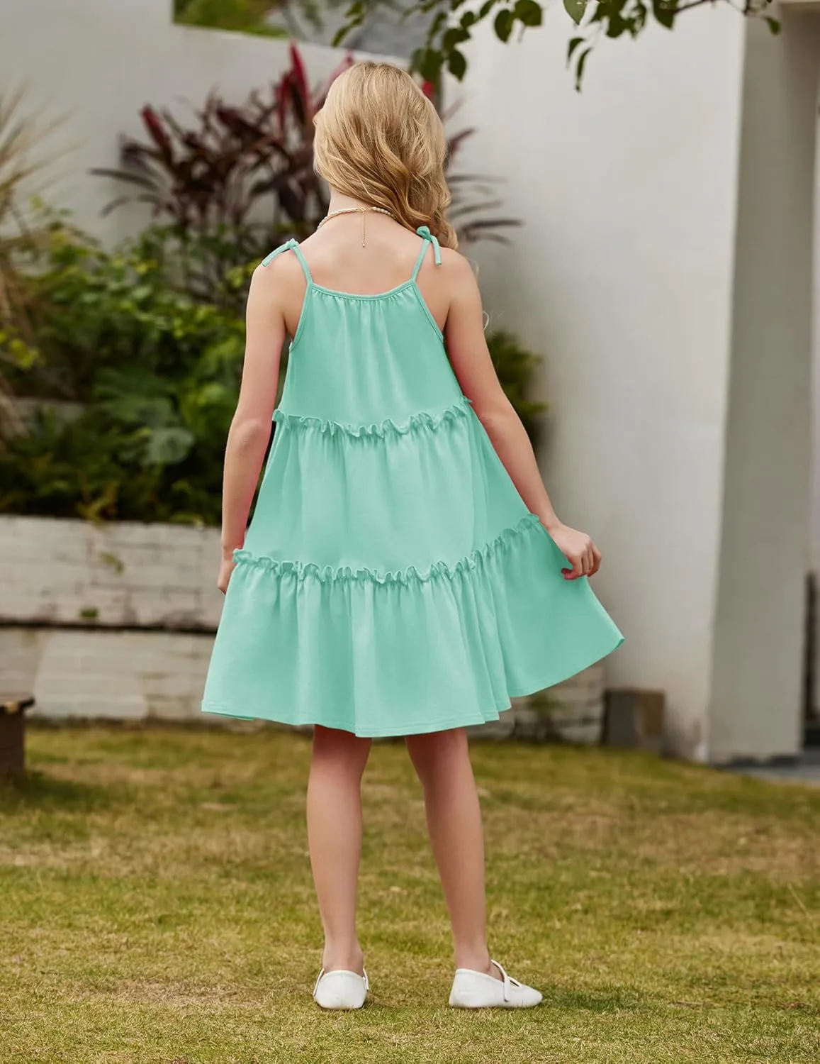 Arshiner Girl Summer Dresses Tween Boho Spaghetti Strap A-Line Swing Flowy Ruffle Tiered Sundress with Pockets
