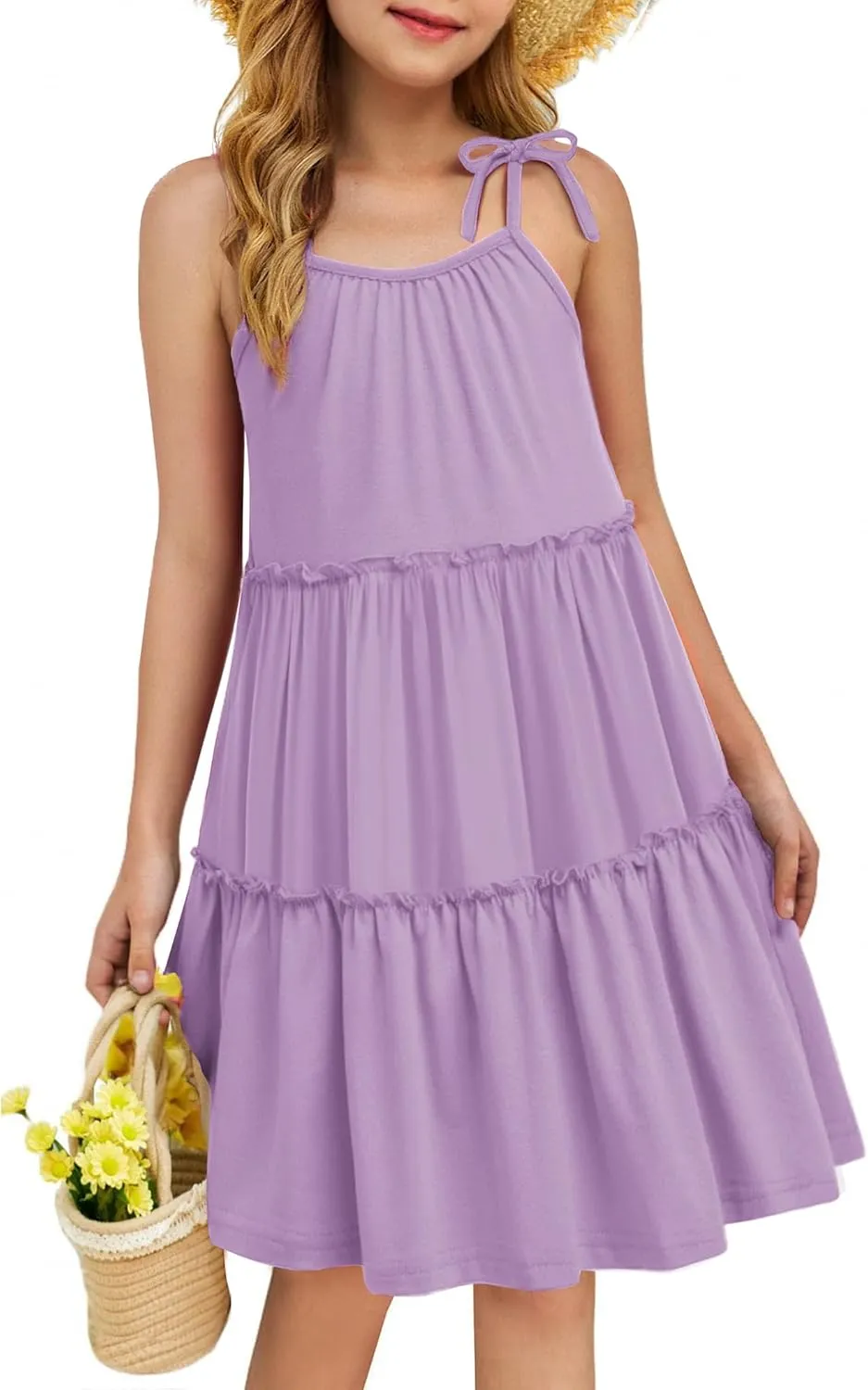 Arshiner Girl Summer Dresses Tween Boho Spaghetti Strap A-Line Swing Flowy Ruffle Tiered Sundress with Pockets