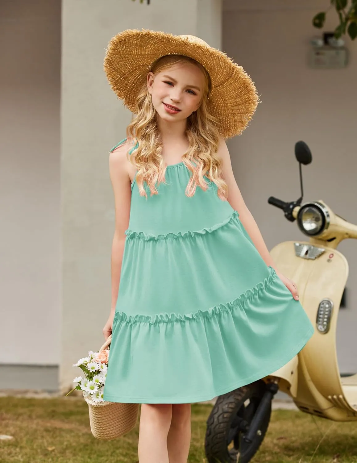 Arshiner Girl Summer Dresses Tween Boho Spaghetti Strap A-Line Swing Flowy Ruffle Tiered Sundress with Pockets
