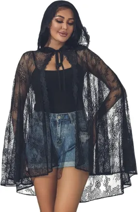 Aukmla Lace Hooded Cloak Black Short Sheer Cape Halloween Costume Cloaks Cover Up for Women and Girls
