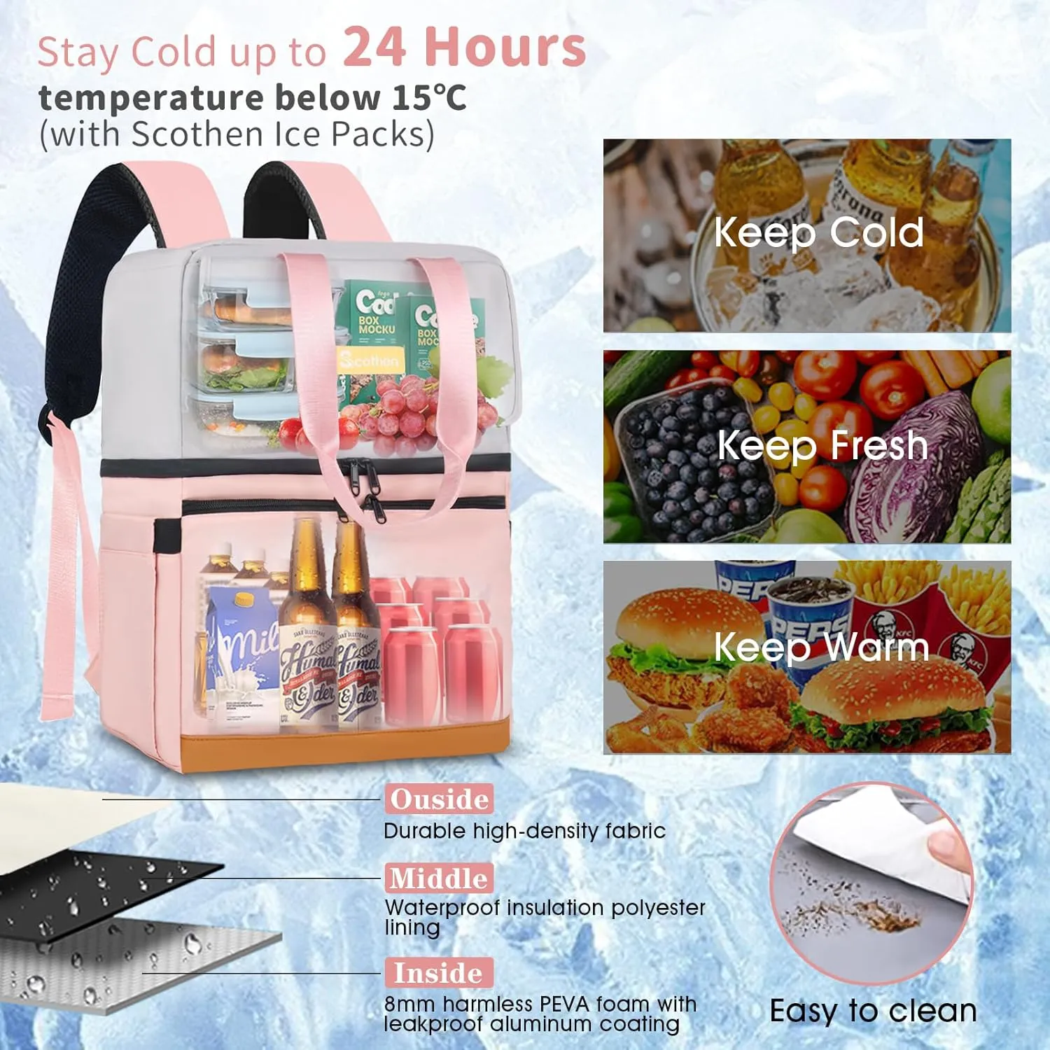 Backpack Cooler with Double Decker & 12 Ice Packs- Keeps 36 Cans Cold for Up to 24 Hours- Waterproof & Leak Proof Insulated Cooler Backpack- Stylish Cooler Bookbag for Women Travel Work Beach