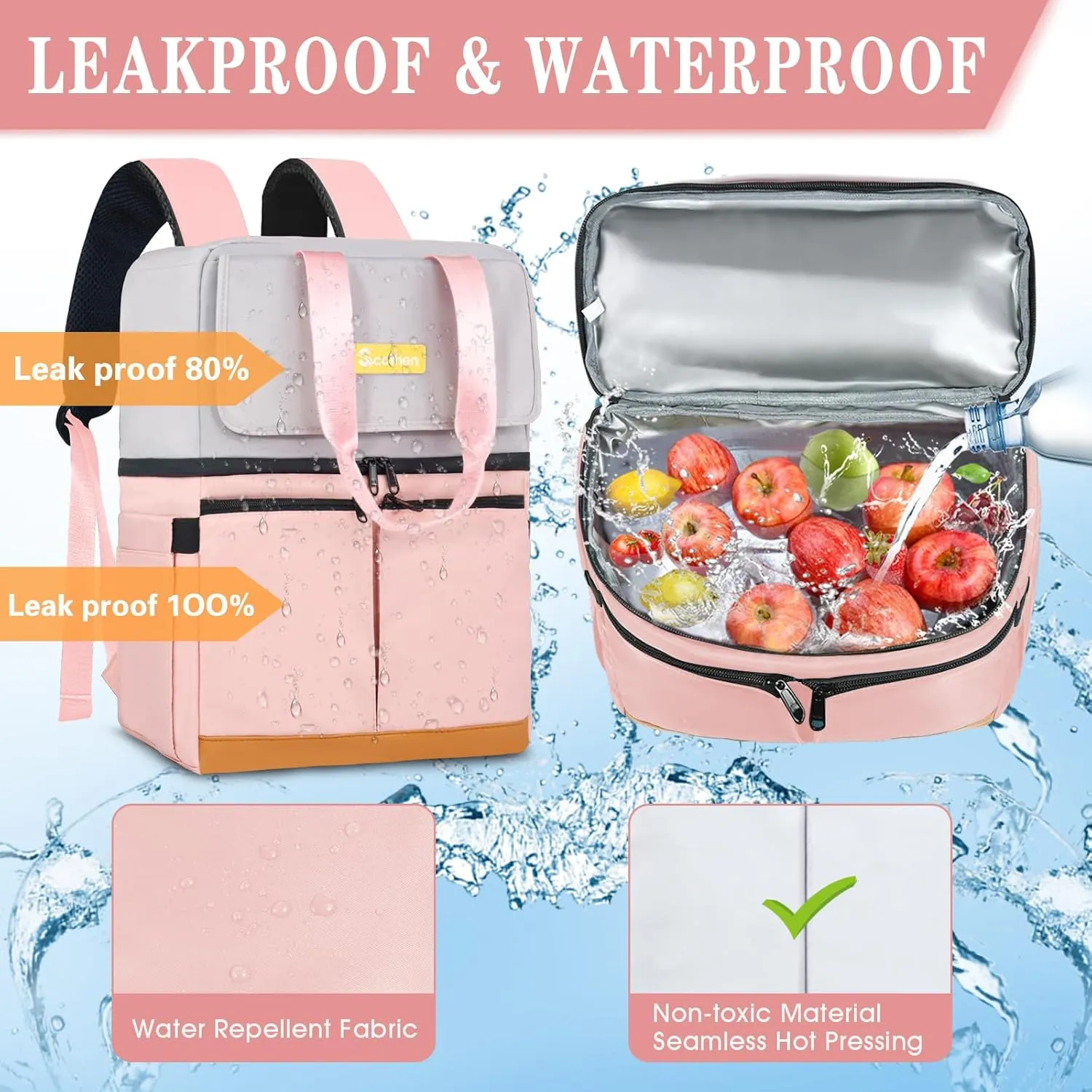 Backpack Cooler with Double Decker & 12 Ice Packs- Keeps 36 Cans Cold for Up to 24 Hours- Waterproof & Leak Proof Insulated Cooler Backpack- Stylish Cooler Bookbag for Women Travel Work Beach