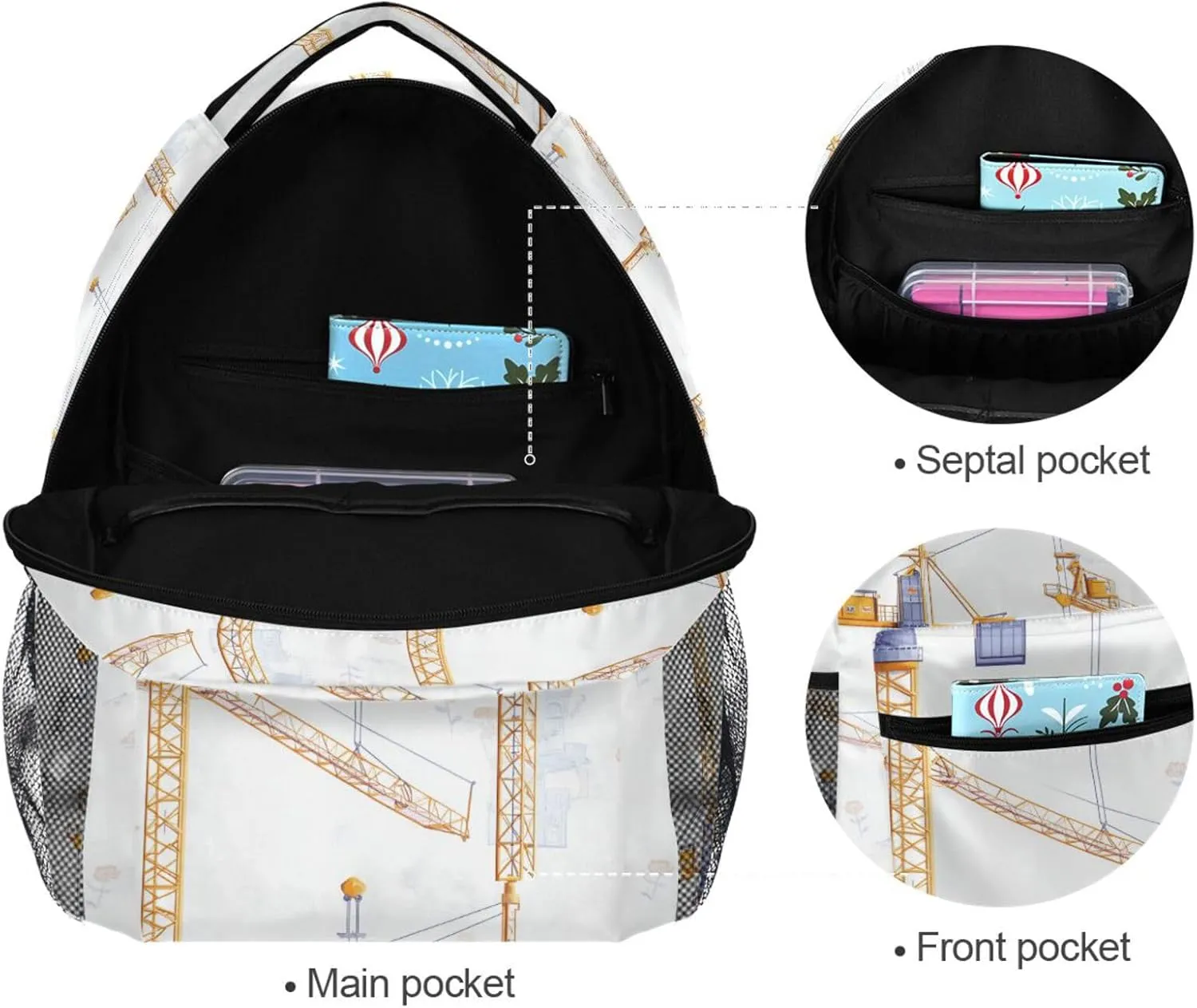 Backpack for Teens Boys Girls Waterproof Backpack With Water Bottle Pocket with Chest Strap Gift Men & Women Cartoon Powerful Imposing Tower Crane