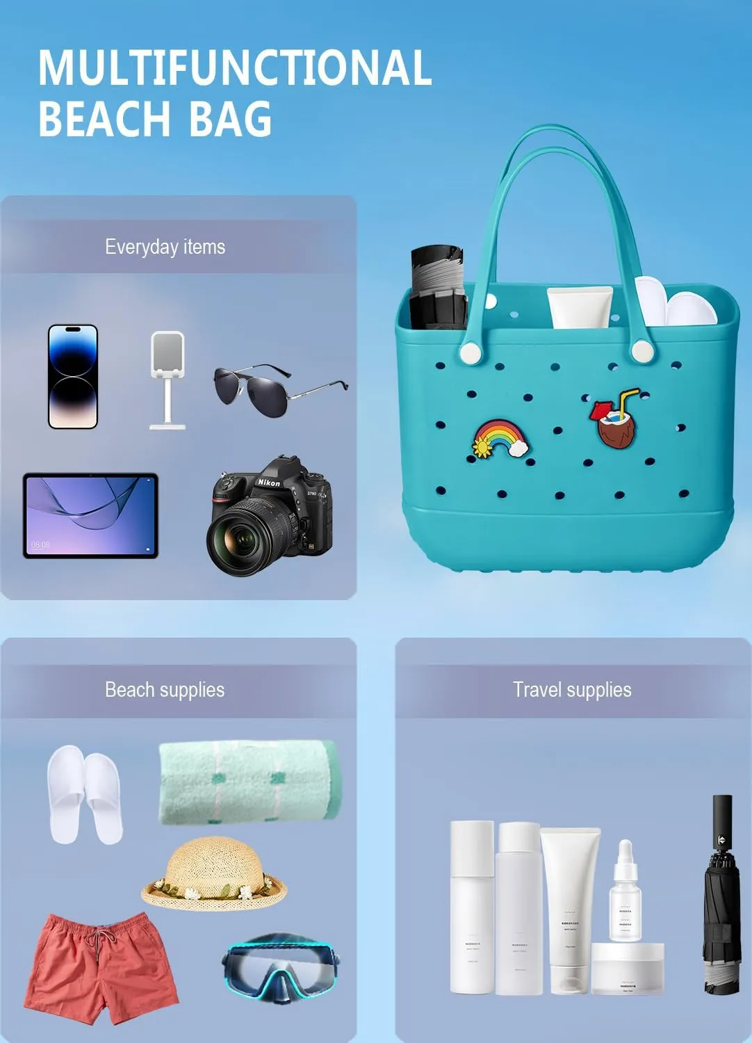 Beach Bag Rubber Tote Bag - Waterproof Travel Bag for Women Washable Tote Bag Handbag for Sports Beach Market Pool