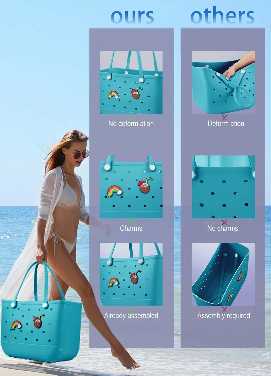 Beach Bag Rubber Tote Bag - Waterproof Travel Bag for Women Washable Tote Bag Handbag for Sports Beach Market Pool