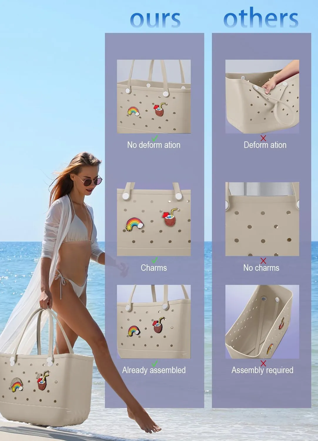 Beach Bag Rubber Tote Bag - Waterproof Travel Bag for Women Washable Tote Bag Handbag for Sports Beach Market Pool